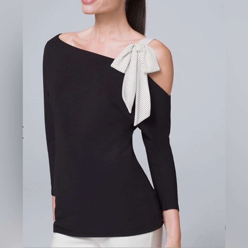 White House Black Market Black Cold-Shoulder Top with Polka Dot Bow